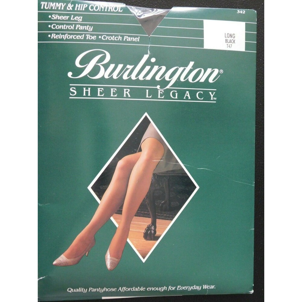 Burlington Sheer Legacy Control Top Pantyhose Reinforced Toe Size Long Black T47
